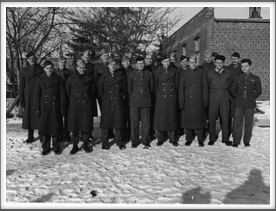 Photo taken 1/1944
Please help us identify these men.
Front row l-r: 3rd from left John Creech, 4th from left Seymour Bolten, 6th from left Leo Farber, 3rd from right George Durgin, 2nd from right Roy Chappell,
Back row l-r: 8th from left Anthony Cipriani